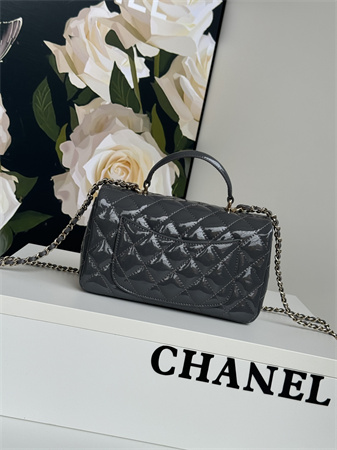 Chanel Mini Flap Bag With Top Handle Charm Patent Calfskin Gold Tone Metal Grey AS2431