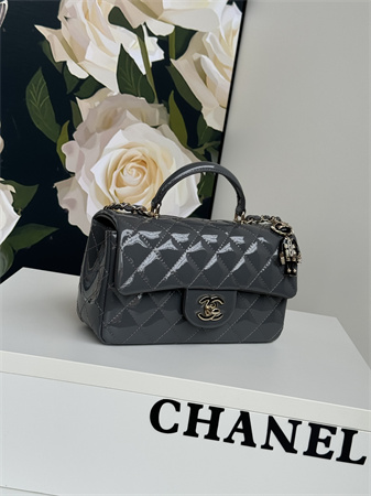 Chanel Mini Flap Bag With Top Handle Charm Patent Calfskin Gold Tone Metal Grey AS2431