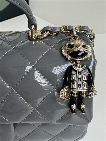 Chanel Mini Flap Bag With Top Handle Charm Patent Calfskin Gold Tone Metal Grey AS2431