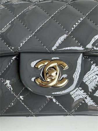 Chanel Mini Flap Bag With Top Handle Charm Patent Calfskin Gold Tone Metal Grey AS2431