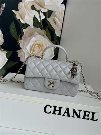 Chanel Mini Flap Bag With Top Handle Charm Lambskin Gold Tone Metal Grey AS2431