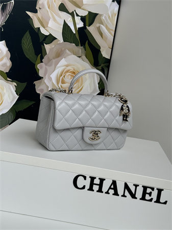 Chanel Mini Flap Bag With Top Handle Charm Lambskin Gold Tone Metal Grey AS2431
