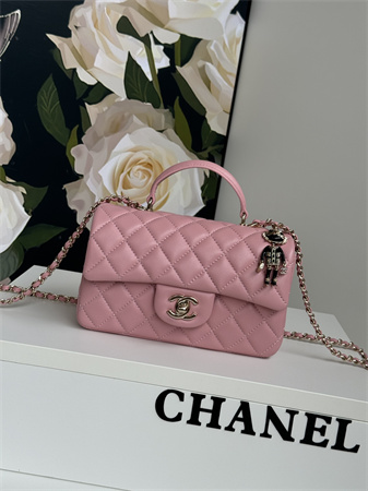 Chanel Mini Flap Bag With Top Handle Charm Lambskin Gold Tone Metal Pink AS2431