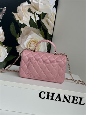 Chanel Mini Flap Bag With Top Handle Charm Lambskin Gold Tone Metal Pink AS2431