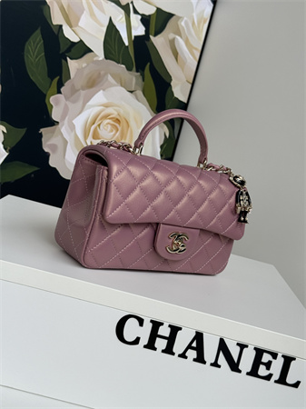 Chanel Mini Flap Bag With Top Handle Charm Lambskin Gold Tone Metal Dk Pink AS2431