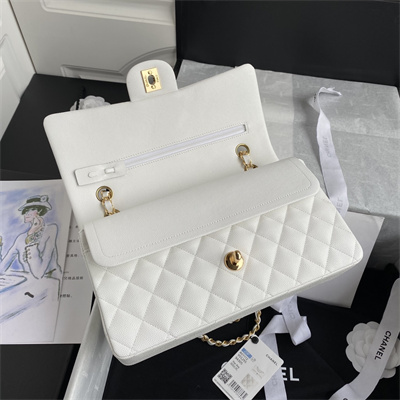 Chanel Medium Classic Flap Bag Grained Calfskin Gold Tone Metal White 01112