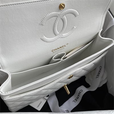 Chanel Medium Classic Flap Bag Grained Calfskin Gold Tone Metal White 01112
