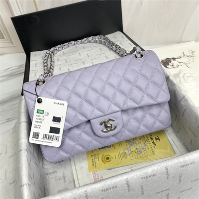 Chanel Medium Classic Flap Bag Grained Calfskin Silver Tone Metal Lilac 01112