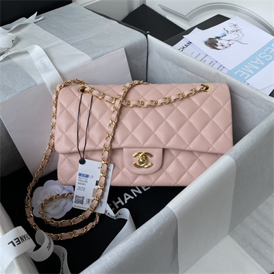Chanel Medium Classic Flap Bag Grained Calfskin Gold Tone Metal Pink 01112