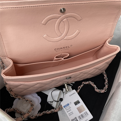Chanel Medium Classic Flap Bag Grained Calfskin Silver Tone Metal Pink 01112