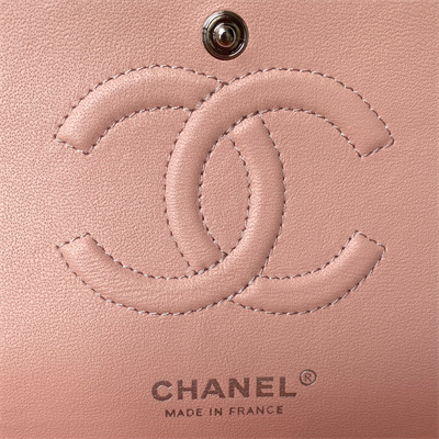 Chanel Medium Classic Flap Bag Grained Calfskin Silver Tone Metal Pink 01112
