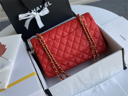 Chanel Medium Classic Flap Bag Grained Calfskin Gold Tone Metal Red 01112