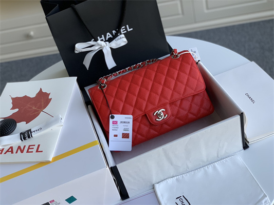 Chanel Medium Classic Flap Bag Grained Calfskin Silver Tone Metal Red 01112