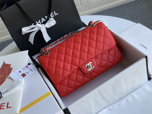 Chanel Medium Classic Flap Bag Grained Calfskin Silver Tone Metal Red 01112