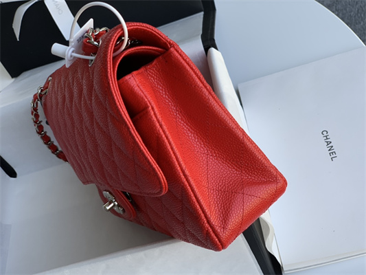 Chanel Medium Classic Flap Bag Grained Calfskin Silver Tone Metal Red 01112