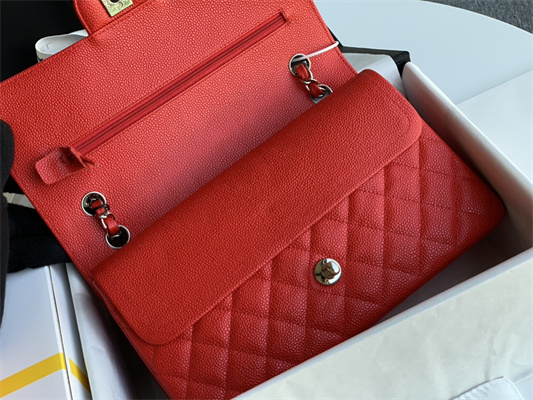 Chanel Medium Classic Flap Bag Grained Calfskin Silver Tone Metal Red 01112