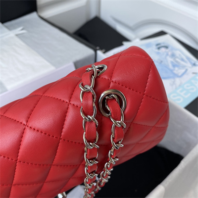 Chanel Medium Classic Flap Bag Lambskin Silver Tone Metal Red 01112
