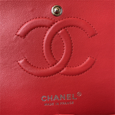 Chanel Medium Classic Flap Bag Lambskin Silver Tone Metal Red 01112