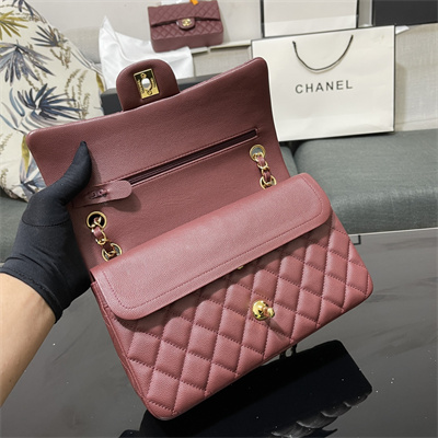 Chanel Medium Classic Flap Bag Grained Calfskin Gold Tone Metal Burgundy 01112