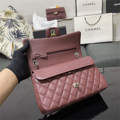 Chanel Medium Classic Flap Bag Grained Calfskin Silver Tone Metal Burgundy 01112