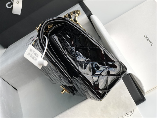 Chanel Medium Classic Flap Bag Patent Calfskin Gold Tone Metal Black 01112