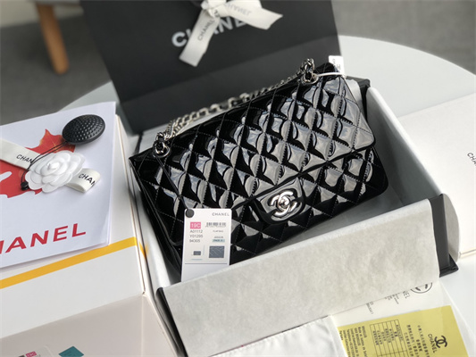 Chanel Medium Classic Flap Bag Patent Calfskin Silver Tone Metal Black 01112
