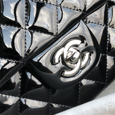 Chanel Medium Classic Flap Bag Patent Calfskin Silver Tone Metal Black 01112