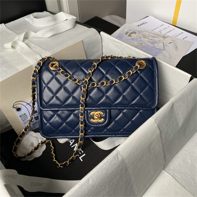 Chanel Vintage Medium Classic Flap Bag Lambskin Gold Tone Metal Blue AS3586