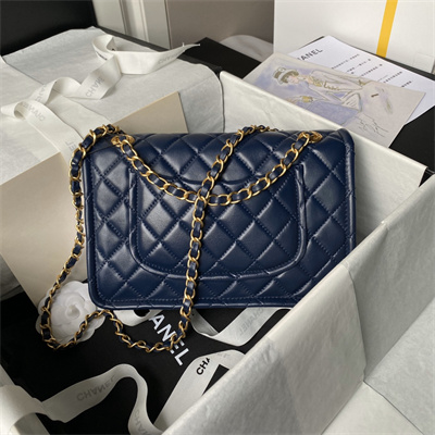 Chanel Vintage Medium Classic Flap Bag Lambskin Gold Tone Metal Blue AS3586