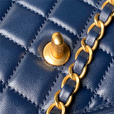 Chanel Vintage Medium Classic Flap Bag Lambskin Gold Tone Metal Blue AS3586