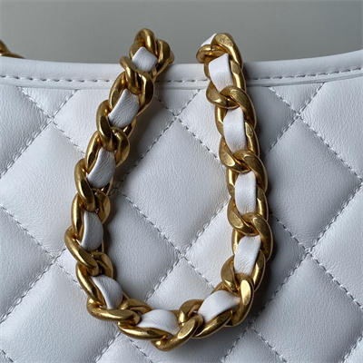Chanel Hobo HandBag Calfskin Gold Tone Metal White AS4666
