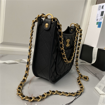Chanel Hobo HandBag Calfskin Gold Tone Metal Black AS4666