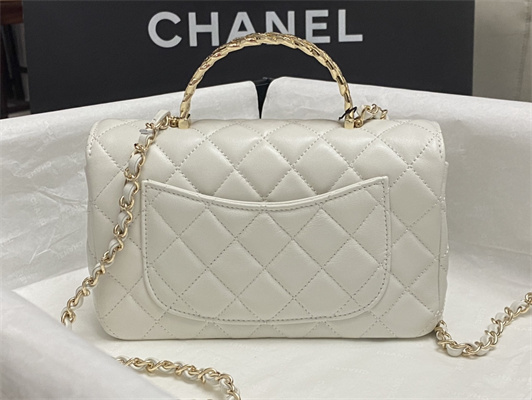 Chanel Mini Flap Bag With Top Handle Shinny Lambskin Gold Tone Metal White AS4924