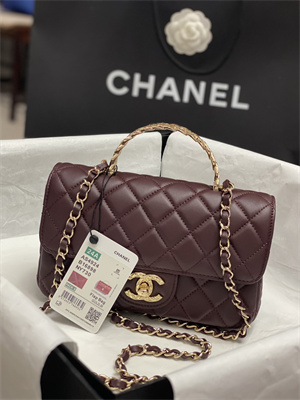 Chanel Mini Flap Bag With Top Handle Shinny Lambskin Gold Tone Metal Burgundy AS4924