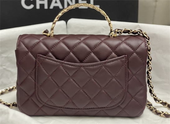 Chanel Mini Flap Bag With Top Handle Shinny Lambskin Gold Tone Metal Burgundy AS4924