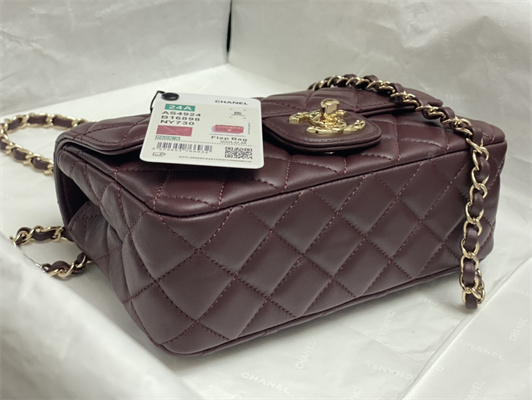 Chanel Mini Flap Bag With Top Handle Shinny Lambskin Gold Tone Metal Burgundy AS4924