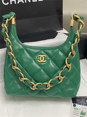 Chanel Small Hobo Bag Shiny Lambskin Gold Tone Metal Green AS4922