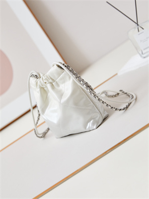 Chanel 22 Mini Handbag Shiny Calfskin Silver Tone Metal White AS3980