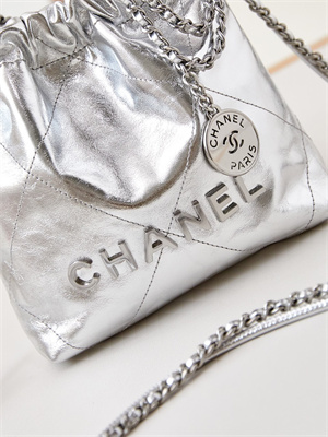 Chanel 22 Mini Handbag Metallic Calfskin Silver Tone Metal Silver AS3980