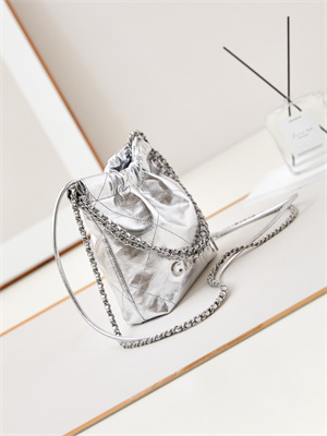 Chanel 22 Mini Handbag Metallic Calfskin Silver Tone Metal Silver AS3980