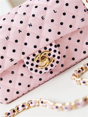 Chanel Mini Classic Handbag Pink Fabric with Black Dot A69900