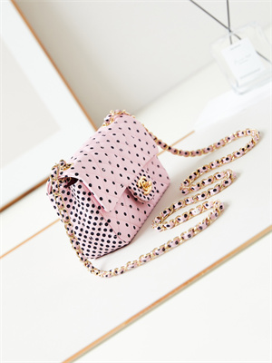Chanel Mini Classic Handbag Pink Fabric with Black Dot A69900