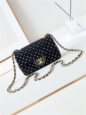 Chanel Mini Classic Handbag Black Fabric with White Dot A69900
