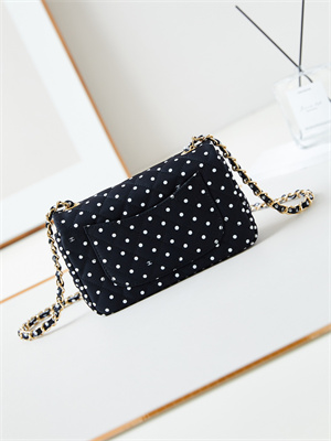 Chanel Mini Classic Handbag Black Fabric with White Dot A69900