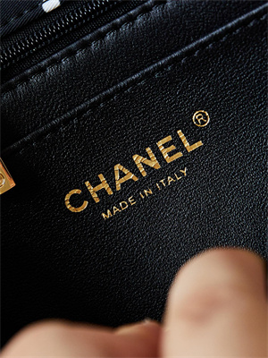 Chanel Mini Classic Handbag Black Fabric with White Dot A69900