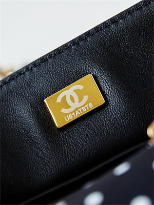 Chanel Mini Classic Handbag Black Fabric with White Dot A69900