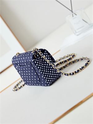 Chanel Mini Classic Handbag Dk Blue Fabric with White Dot A69900