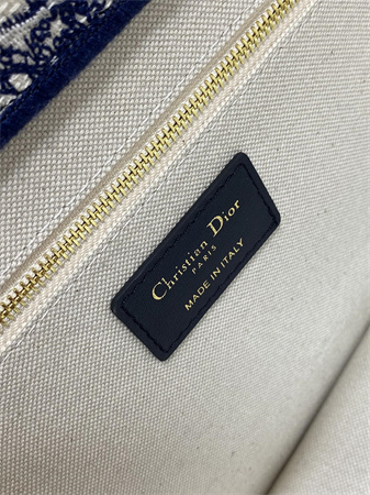 CD Small Book Tote With Strap White and Navy Blue Toile de Jouy Sauvage Embroidery with Navy Blue Calfskin