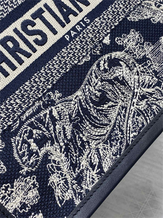 CD Small Book Tote With Strap Blue and Ecru Toile de Jouy Reverse Embroidery and Blue Calfskin