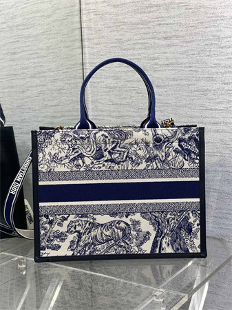CD Medium Book Tote With Strap White and Navy Blue Toile de Jouy Sauvage Embroidery With Navy Blue Calfskin